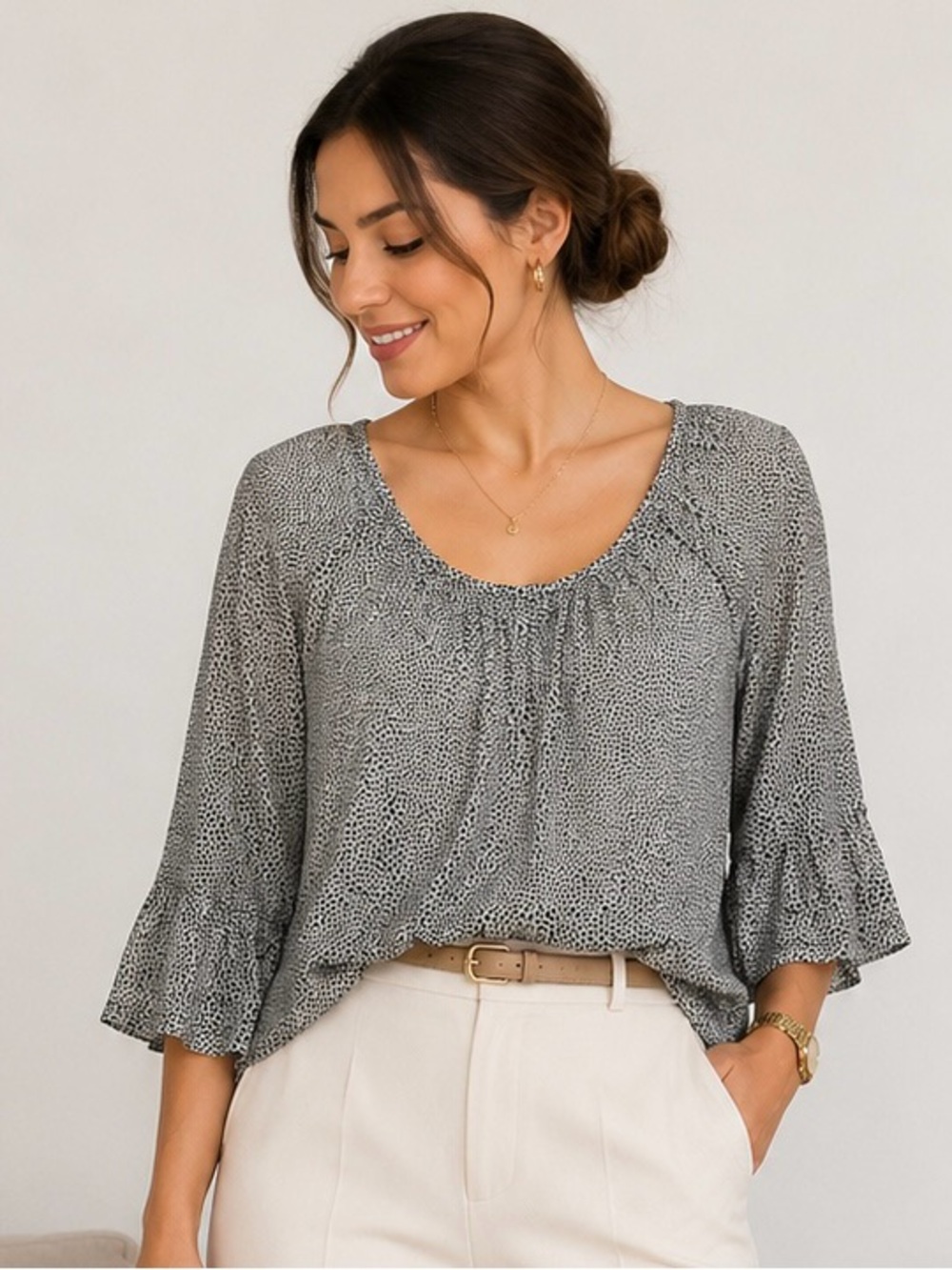Michael Kors  casual women’s Gray Printed Scoop-Neck Blouse size M 55% cotton